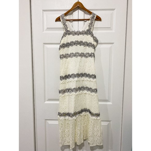 Anthro Foxiedox Ivory & Black Lace Midi Dress Medium - Picture 2 of 10